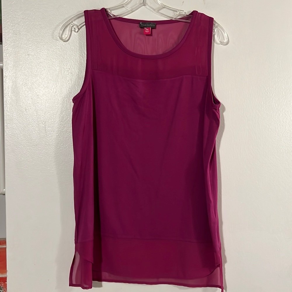 Vince Camuto fuchsia sleeveless top with chiffon detail.